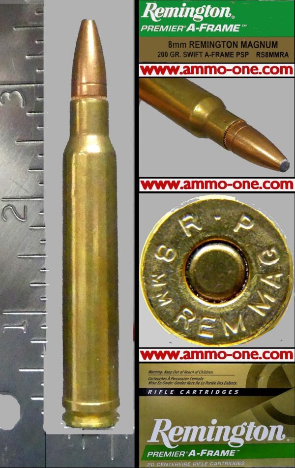 8mm Rem Mag by Remington, brass case, patina, JSP, One Cartridge not a Box. Out of stock more in related items below.
