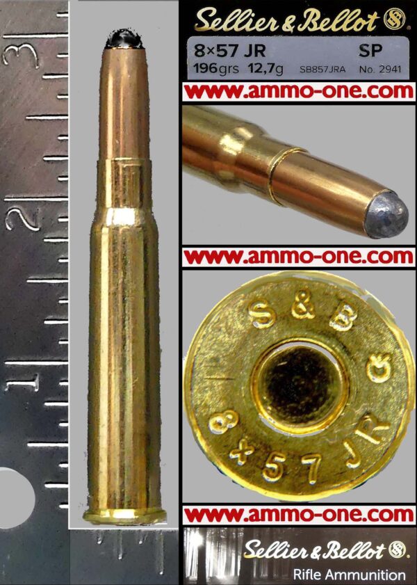 8x57jr196grjsprimmedsb1 8x57mmJR Mauser, .318", Rimmed S&B, JSP, 1 Cartridge Not a Box