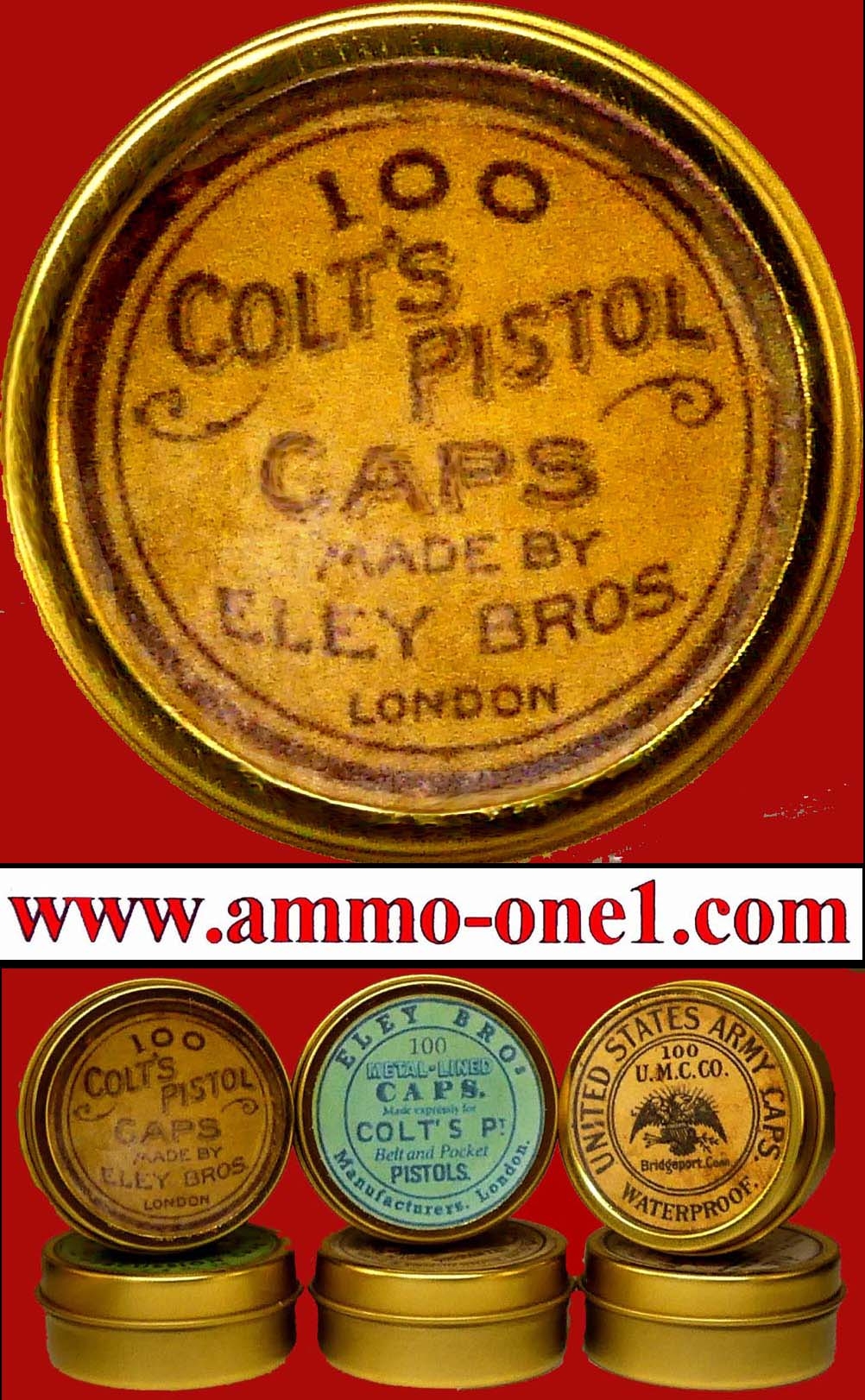 Colt's Pistol, 100 Percussion Caps by Eley, One Replica Empty Tin