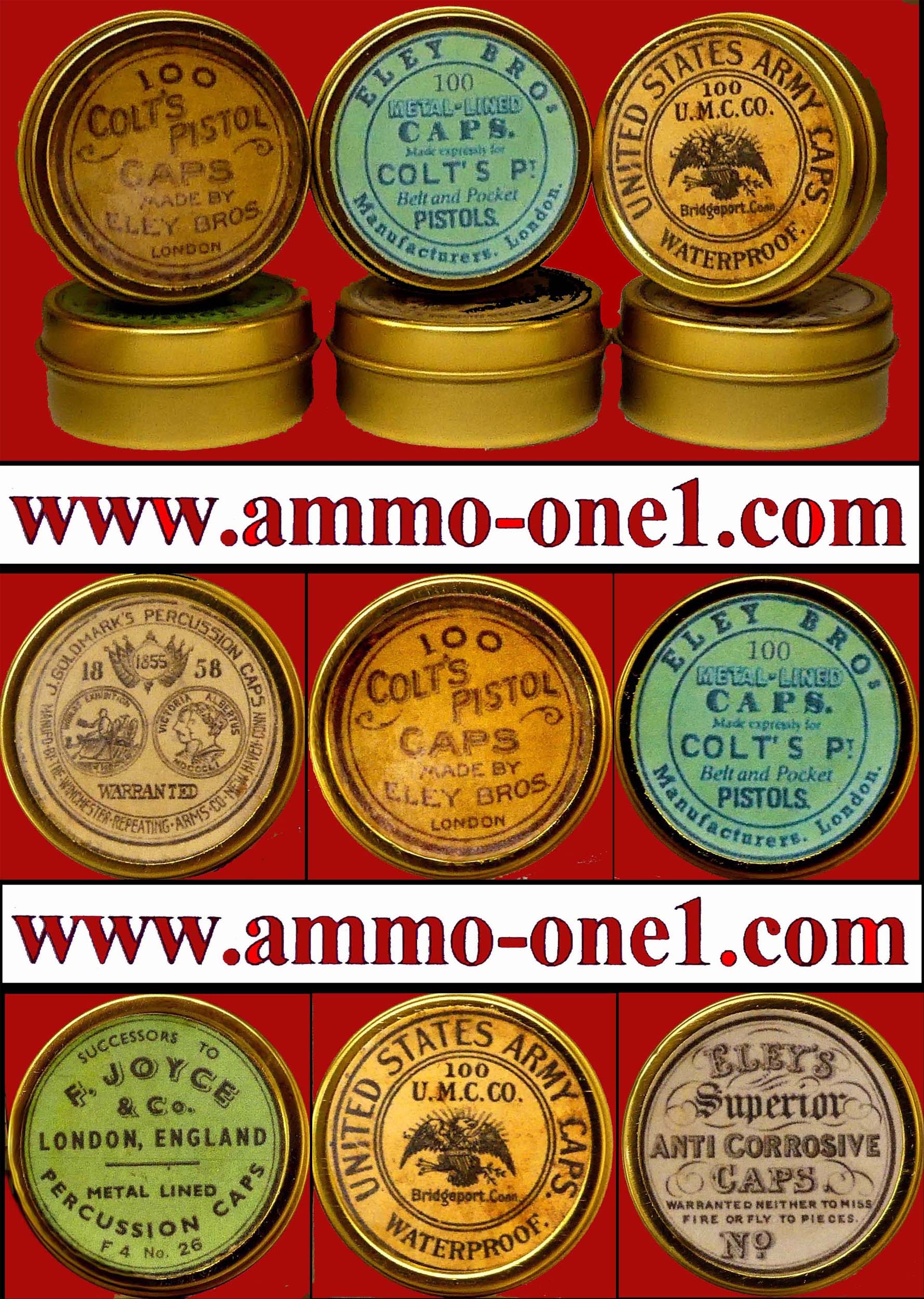 6 Assorted, Beautiful Replica, Empty, Percussion Cap Tins! - Ammo-One1