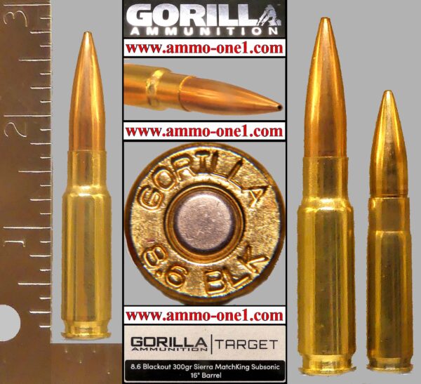 8.6 blackout by gorilla ammo, 300 grain sierra matchking subsonic, one cartridge not a box.