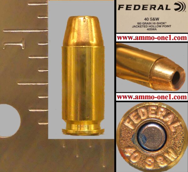 .40 smith & wesson, "federal 40 s&w" h/s by federal cartridge co., hi shok jhp, one cartridge, not a box.