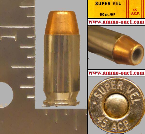 .45 auto #20, older production, larger print ". super vel 45 acp" h/s, "oval" nickel primer, nickel case, jhp, one cartridge not a box!