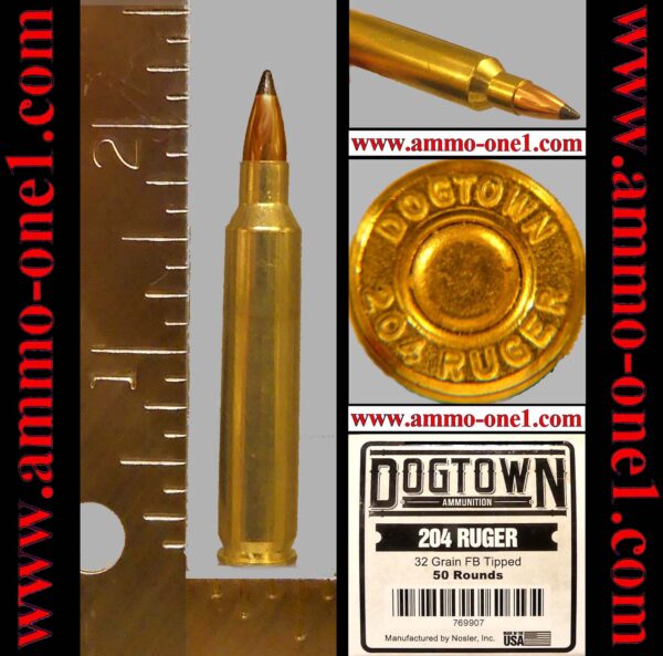 .204 ruger, "new"*, by nosler co., "dogtown" h/s, one cartridge, not a box.