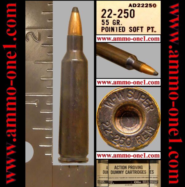 .22 250 remington by winchester, "factory dummy","w w super" h/s., jsp, *excellent*, one cartridge, not a box.