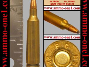 .22 250 remington by federal, "f c" h/s, j.s.p., *lite patina*, one cartridge, not a box.