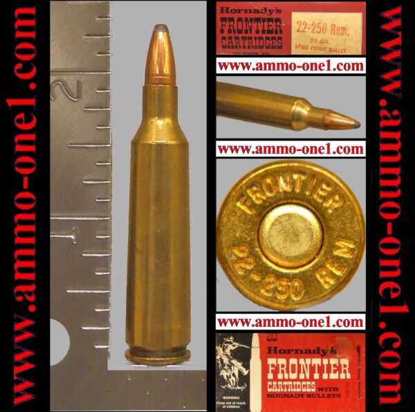 .22 250 remington by hornady, "frontier" h/s, j.s.p., *nice patina* started, one cartridge, not a box.