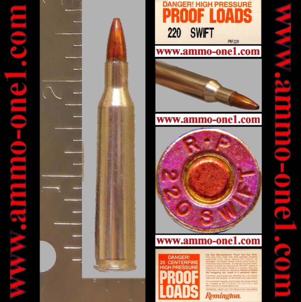 .220 swift "pfoof" by remington, nickel case, jhp, *warning*, one cartridge not a box!