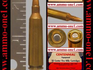 .22 250 remington by centennial arms corp., unusual recessed head with raised primer pocket, j.s.p., *nice patina*, one cartridge, not a box.