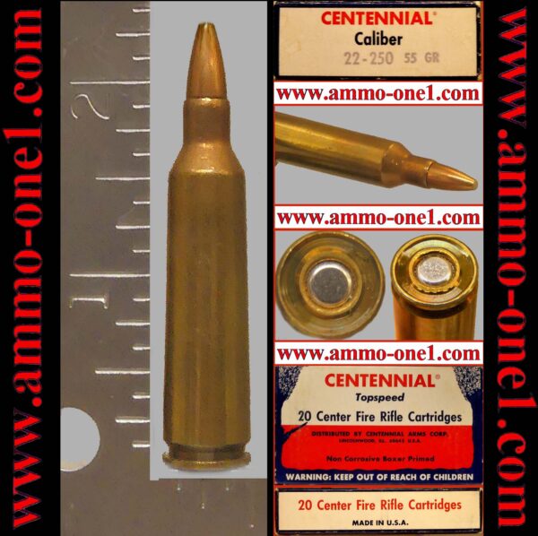.22 250 remington by centennial arms corp., unusual recessed head with raised primer pocket, j.s.p., *nice patina*, one cartridge, not a box.