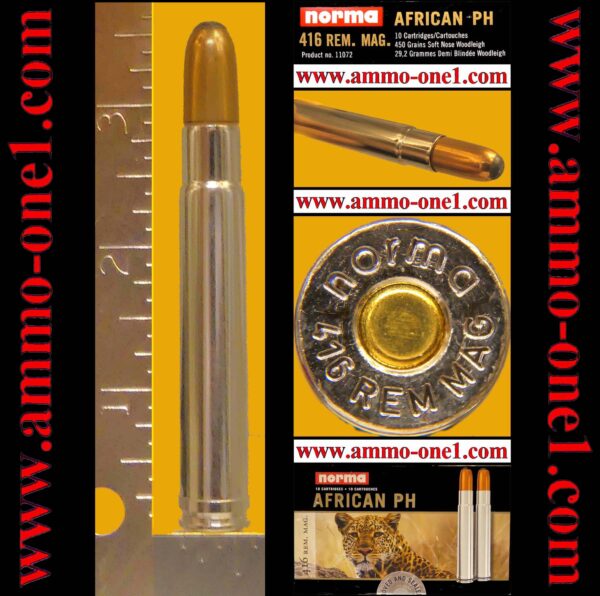 .416 remington magnum by norma,"new!", "mint!", "norma" h/s, "nickel case", jsp, one cartridge not a box.