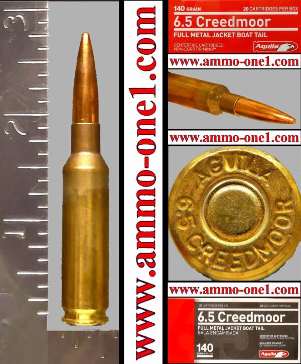1.) 6.5 creedmoor by aguila, 140gr. fmj, one cartridge not a box!
