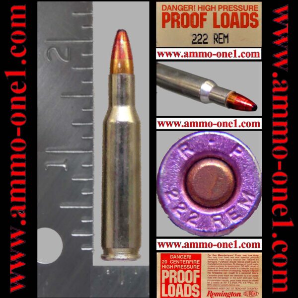 .222 remington proof by remington, dyed "jsp", dyed "r p" h/s, *warning*, one cartridge not a box!