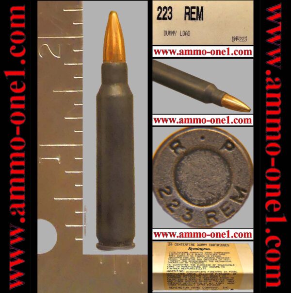 (a021) .223 remington factory dummy by remington, "r·p 223 rem" h/s, dark brown powder coat finish case, 55 gr. fmj, one cartridge not a box.