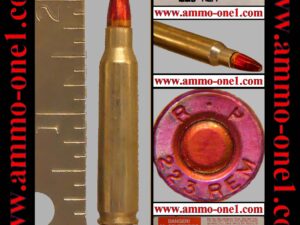 (a022) .223 remington factory "proof by remington, light purple dyed "r·p 223 rem" h/s, and dyed bullet, nickel plated brass case, 55 gr. fmj, one cartridge not a box. *warning*