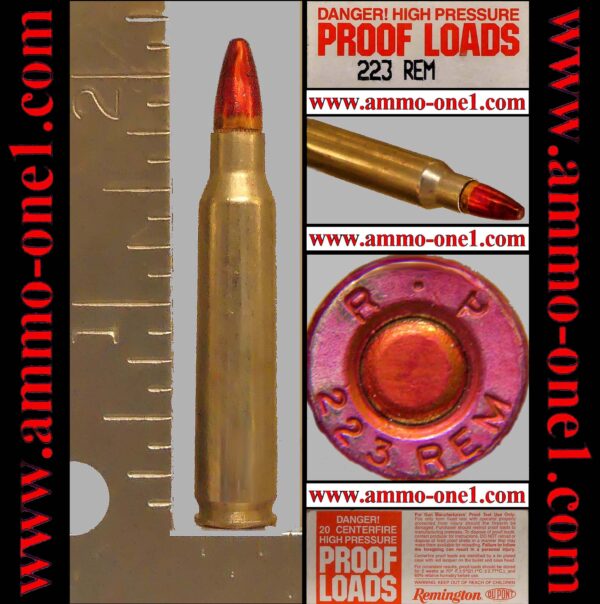 (a022) .223 remington factory "proof by remington, light purple dyed "r·p 223 rem" h/s, and dyed bullet, nickel plated brass case, 55 gr. fmj, one cartridge not a box. *warning*