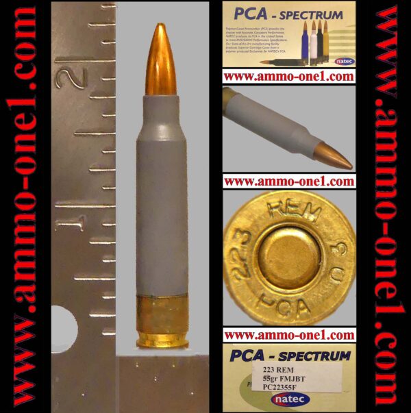 (a006) .223 remington by natec inc. 2003, "gray" polymer case, "pca 223 rem 03" *light* h/s, condition see details on page. one cartridge not a box.