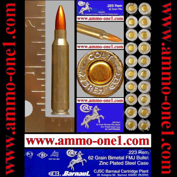 .223 remington by colt / barnaul, 2014 special run, "colt" h/s, 62 gr. fmj, bimetal case, one box of 20 cartridges, box not mint!.