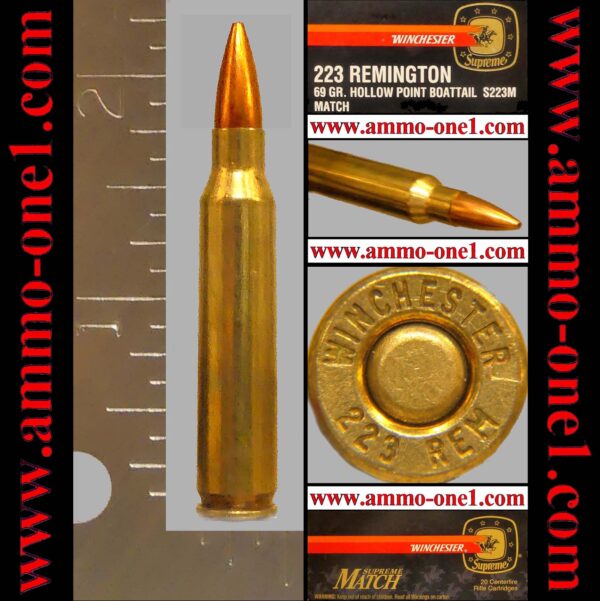 (a003) .223 remington by winchester h/s, supreme match, 69 gr. jhpbt, one cartridge not a box