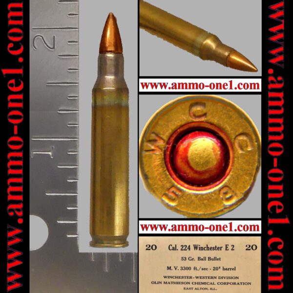 .224 winchester (e2 version), "wcc 58" h/s, prototype/experimental produced in 1958, leading to the 5.56 nato. *nice patina*, one cartridge, not a box.