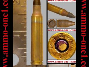 (b010) 5.56 nato by imi* with "tzz" h/s, 15.6 gr frangible* bullet, purple primer sealer with heavy overrun, one cartridge not a box.