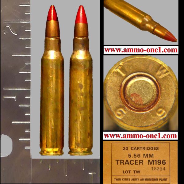 (b.012) 5.56 nato by twin cites plant, 1969, 55 gr. m196 "tracer", *mixed patina and spots* see picture, one cartridge not a box. check your state's laws.