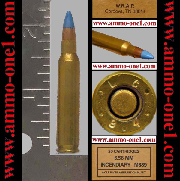 (b016) 5.56 nato by wolf river, late 1980s, m889 "incendiary", 1984 "lc 84" h/s, clean, bright, mint! one cartridge not a box. check your state's laws!