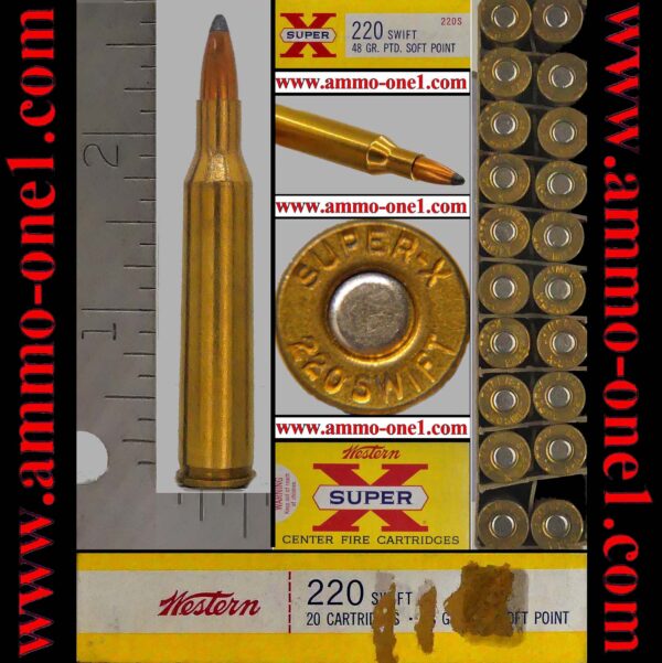 .220 swift by western / winchester, older "pre 1961" production, "super x 220 swift" h/s, 48 gr. jsp, box of 20 cartridges! box not mint see picture and info on page.