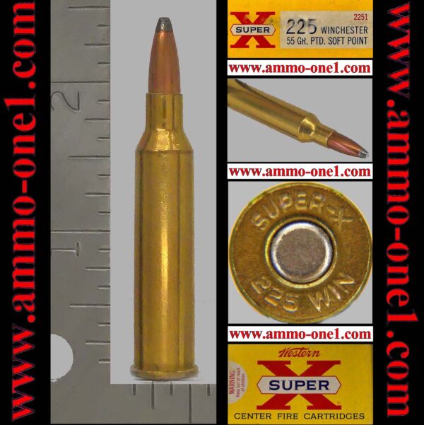 .225 winchester by western/winchester, pre 1964 "super x" h/s, 55gr. jsp, mint, bright with some *patina*, not junk! one cartridge not a box.