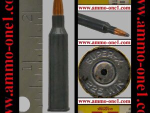 .225 winchester factory dummy by western/winchester, pre 1964 "super x" h/s, 55gr. jsp,, one cartridge not a box. inert! not mint, see page.
