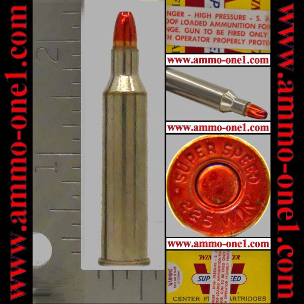.225 winchester factory *proof*by western/winchester, post 1964 "super speed" h/s, 55gr. jsp,, one cartridge not a box.