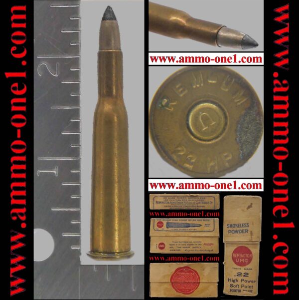 .22 savage high power by remington/umc, app. 1910's, "rem umc" h/s, with the older, "small" rifle primer with "u" on primer, jsp, (not mint! some corrosion!). one cartridge not a box.