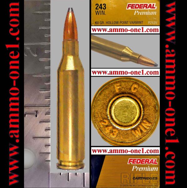 (item .005) .243 winchester by federal cartridge co., "mint!" older production with smaller print "f c" h/s, *jsp , one cartridge not a box.