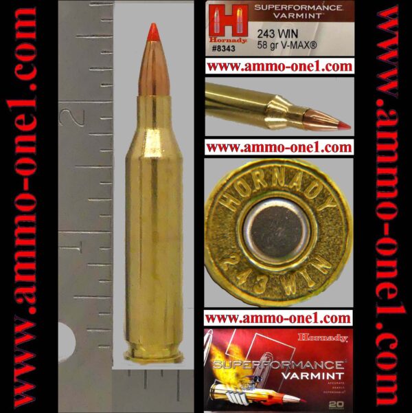 (item .007) .243 winchester by hornady "mint!" new production, 58 grain "v max" ballistic tip, hornady h/s one cartridge not a box