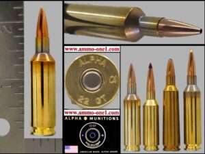 .22 gt (correct h/s) loaded with bthp bullet and brass by alpha munitions co., currently a wildcat or proprietary, one cartridge a box.